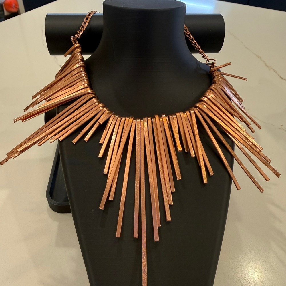 Modernist Brutalist Copper Tone Bar Fringe Bib Necklace Statement Collar